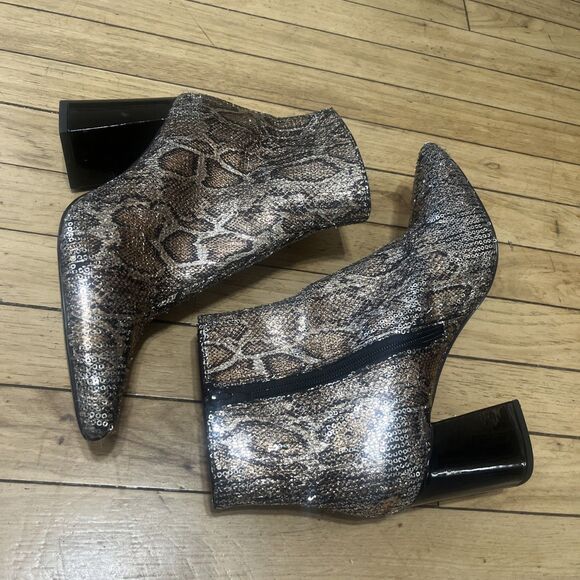 Betsey Johnson Sequin Ankle Boots Women 10 Snake Print Gold Booties Block Kassie - Picture 1 of 16